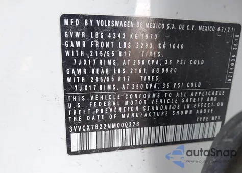 2022 Volkswagen Taos 1.5T S z USA, uszkodzony, nr VIN 3VVCX7B22NM000328